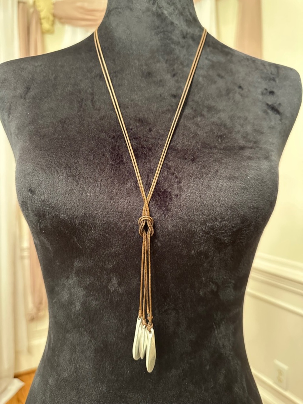 Lariat Style Silver Tone Brown Faux Leather Necklace